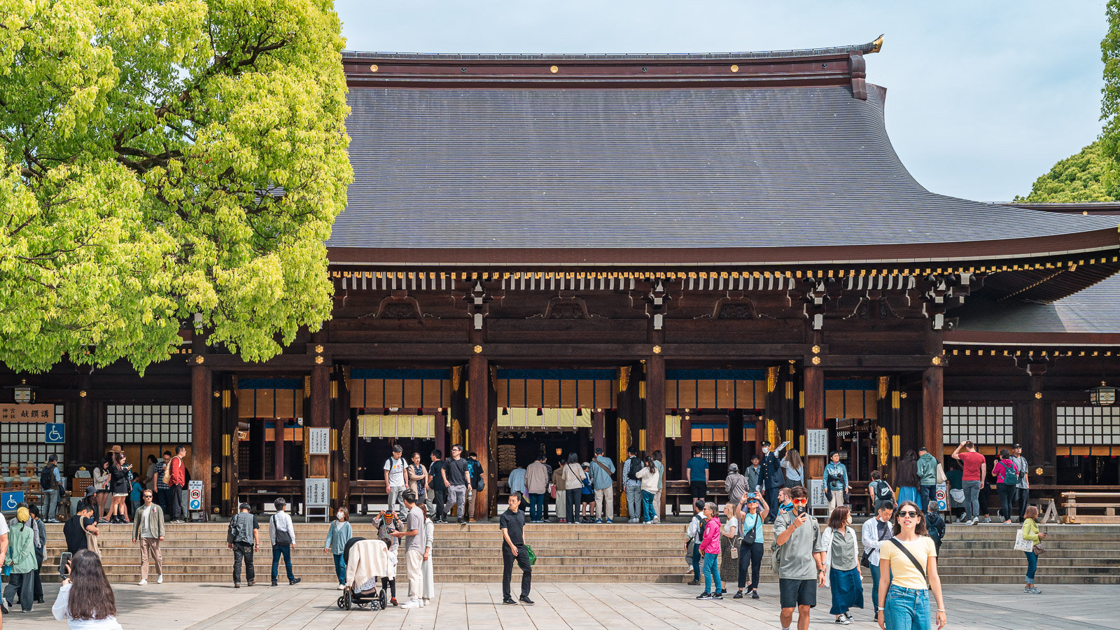 Santuario Meiji Jingu en Tokio, rodeado de árboles y visitantes