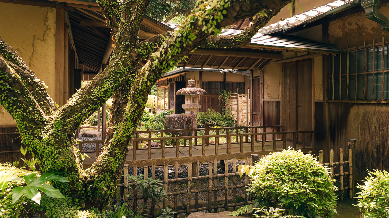Senderos y vegetación en los jardines de Yoshiike Ryokan.